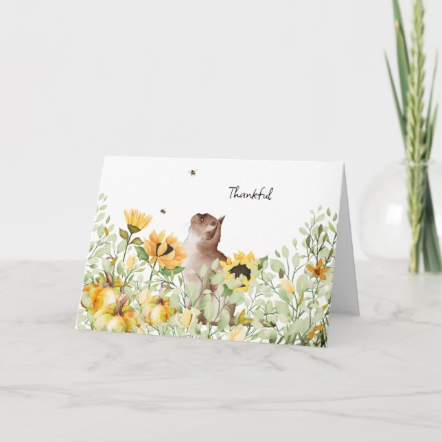 Carte Fleurs de soleil aquarelle et Thanksgiving de chat (Devant)