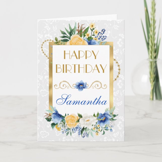 Carte Fleurs d'été bleu et jaune Peau d'or Anniversaire (Devant)