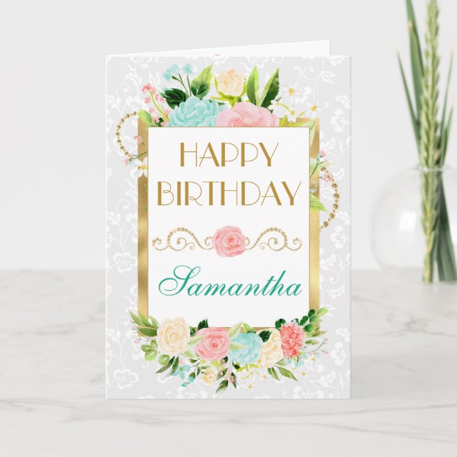 Carte Fleurs d'été roses et menthe Or Foil Anniversaire (Devant)