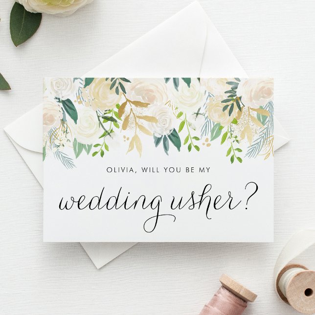 Carte Fleurs D'Ivoire Douce Serez-Vous Mon Usher Mariage (Elegant wedding usher proposal card featuring ivory flowers, greenery, and faux gold foil accents.)