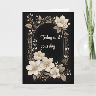 Carte Fleurs d'ivoire et cadre d'or Anniversaire