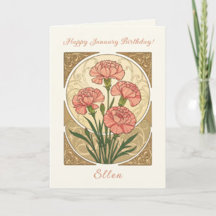 Carte Fleurs d'œillet rose d'anniversaire de janvier Art