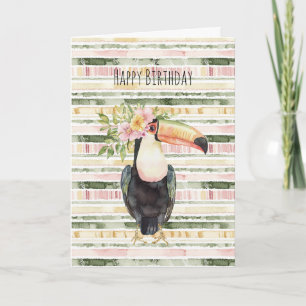 Carte Fleurs d'oiseau toucan rayures vert jaune rose