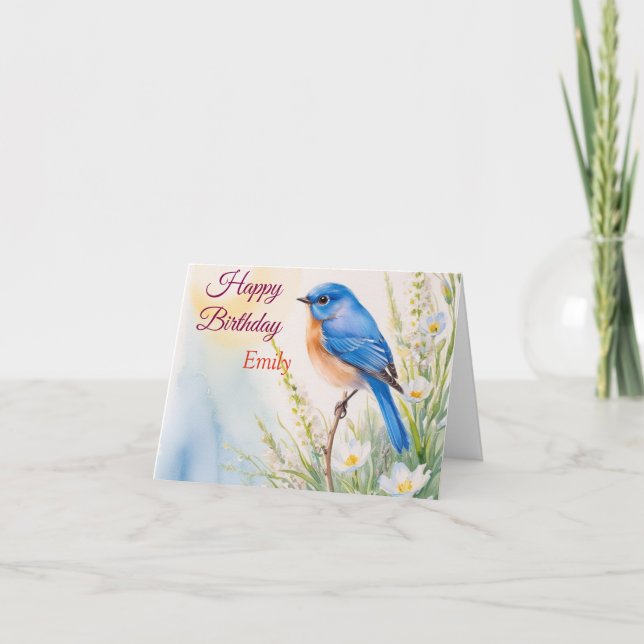 Carte Fleurs d'oiseaux bleues personnalisées Aquarelle a (Devant)