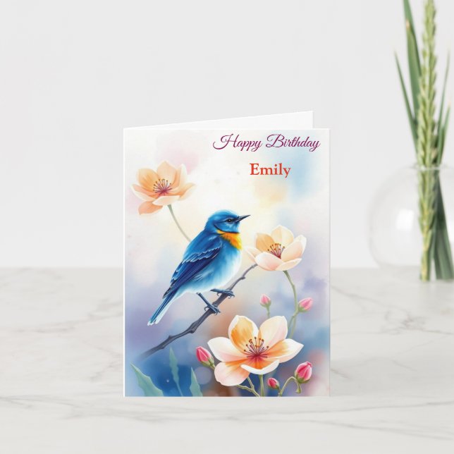 Carte Fleurs d'oiseaux bleues personnalisées Aquarelle a (Devant)