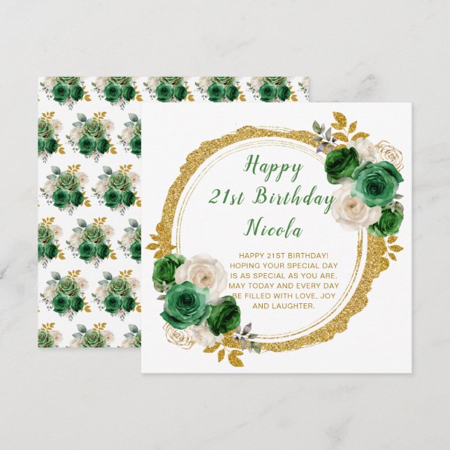 Carte Fleurs élégantes de vert foncé et d'or Fête d'anni (Devant / Derrière)
