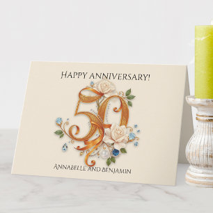 Carte Fleurs élégantes et pierres précieuses 50e anniver