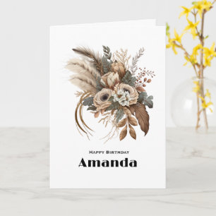 Carte Fleurs Élégantes Feuillage et plumes Anniversaire