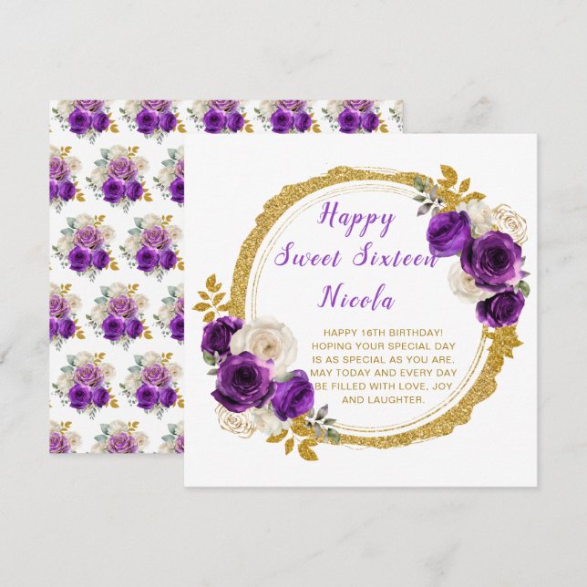 Carte Fleurs élégantes violettes foncées et dorées pour  (Devant / Derrière)