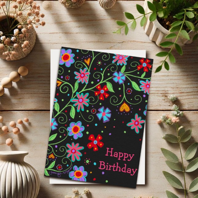 Carte Fleurs et Coeurs amusants Noir Joyeux Anniversaire (Créateur téléchargé)