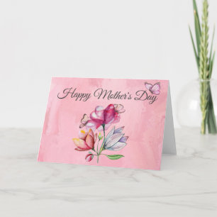 Carte Fleurs et papillons à l'aquarelle rose