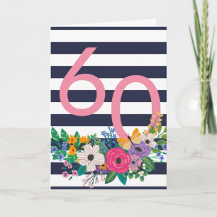 Carte Fleurs et rayures rose 60 Joyeux anniversaire