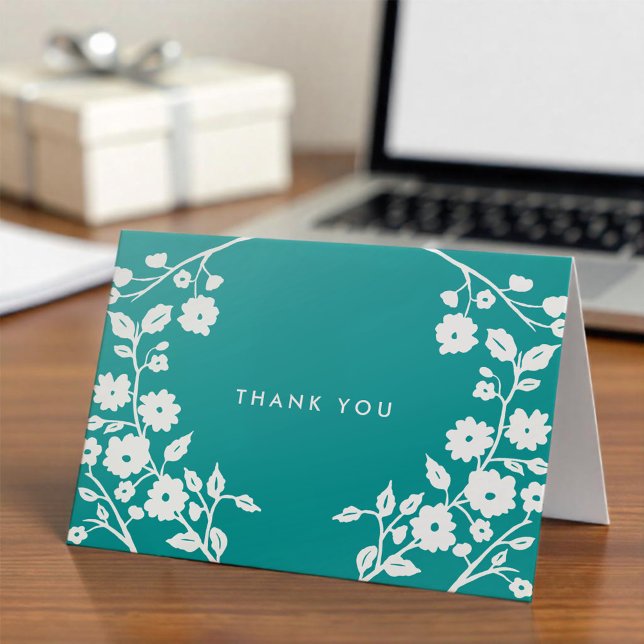 Carte Fleurs folk blanches Turquoise Merci bleu personna (Créateur téléchargé)