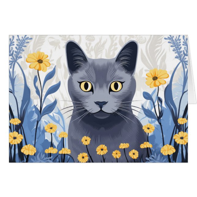 Carte Fleurs Jaunes Chat Bleu Russe (Devant horizontal)