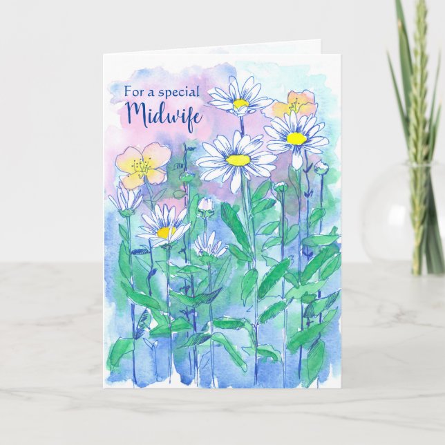 Carte Fleurs marguerites Merci sage-femme Aquarelle (Devant)