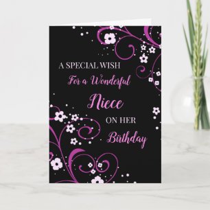 Carte Fleurs noires et violettes nièce Anniversaire