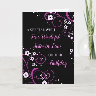 Carte Fleurs noires et violettes Soeur en droit Annivers