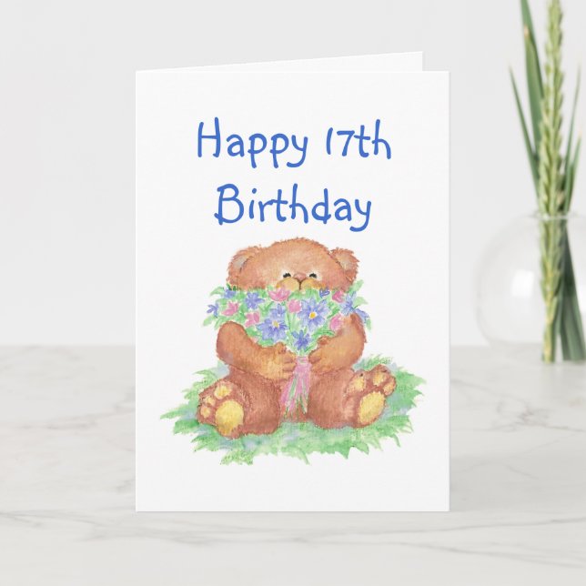 Carte Fleurs pour 17e anniversaire, Ours en peluche (Devant)