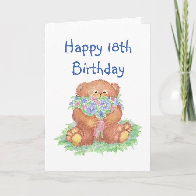 Carte Fleurs pour 18e anniversaire, ours en peluche (Devant)