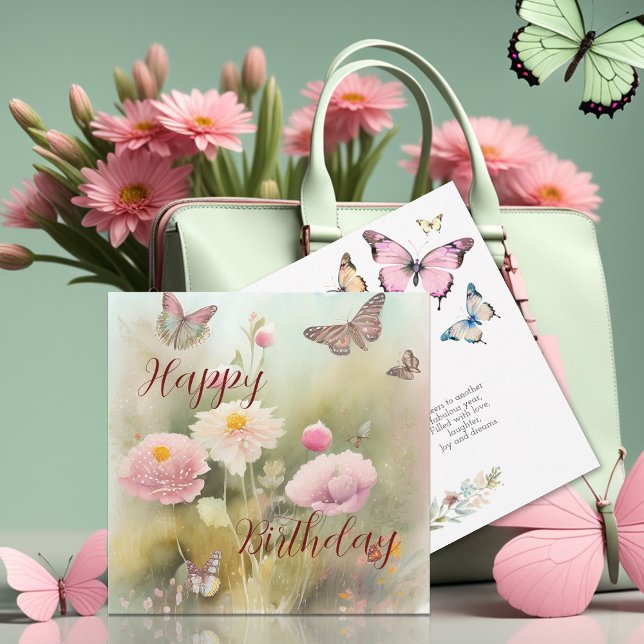 Carte Fleurs printanières et aquarelle papillon Annivers (Créateur téléchargé)