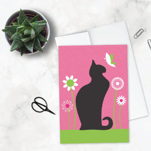 Carte Fleurs rétro Chat noir Anniversaire
