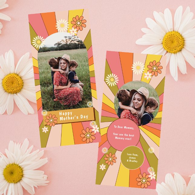 Carte Fleurs Rétro Groovy Photo de la Fête des Mères (Créateur téléchargé)