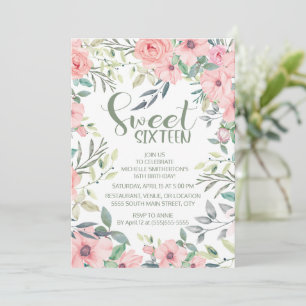 Carte Fleurs Rose Blush Feuilles Vert Sauge Sweet 16