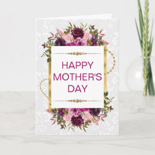 Carte Fleurs roses de printemps et paillettes dorées pou