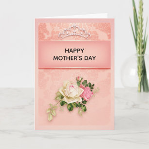 Carte Fleurs roses & Diamond Tiara Princesse Fête des Mè