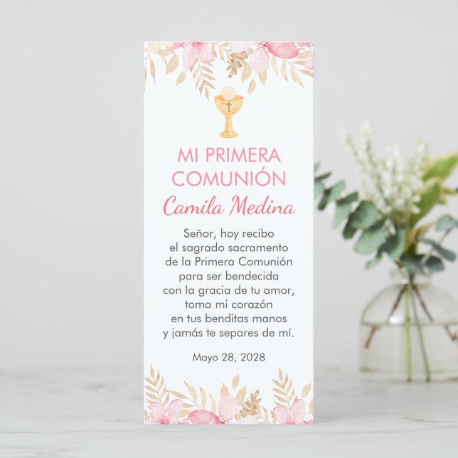 Carte Fleurs roses Espagnol Premier Signet Communion (Debout devant)