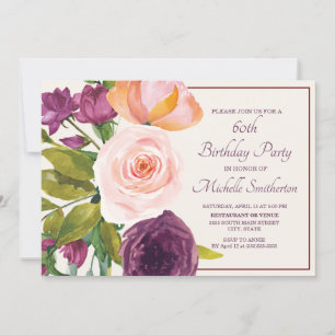 Carte Fleurs roses et blush violettes Crème 60e annivers