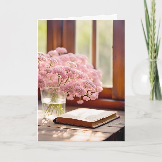 Carte Fleurs roses et vieux livre (Devant)