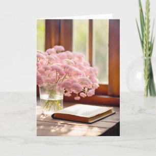 Carte Fleurs roses et vieux livre