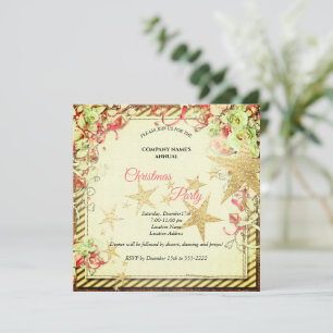 Carte Fleurs roses, étoiles d'or et Père Noël d'or