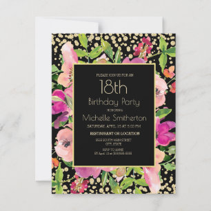 Carte Fleurs roses noir or paillettes 18e anniversaire