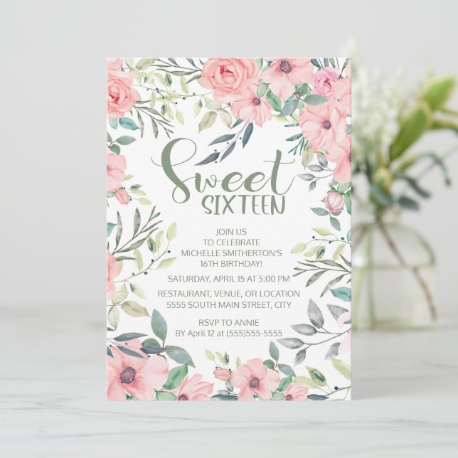 Carte Fleurs roses rousses Sage Vert Feuille doux 16 (Debout devant)