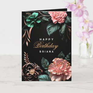 Carte Fleurs roses vert feuille éléments dorés anniversa