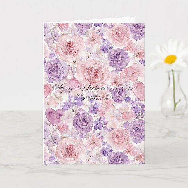 Carte Fleurs Roses Violettes Blush Cœurs Saint-Valentin (Petite plante)