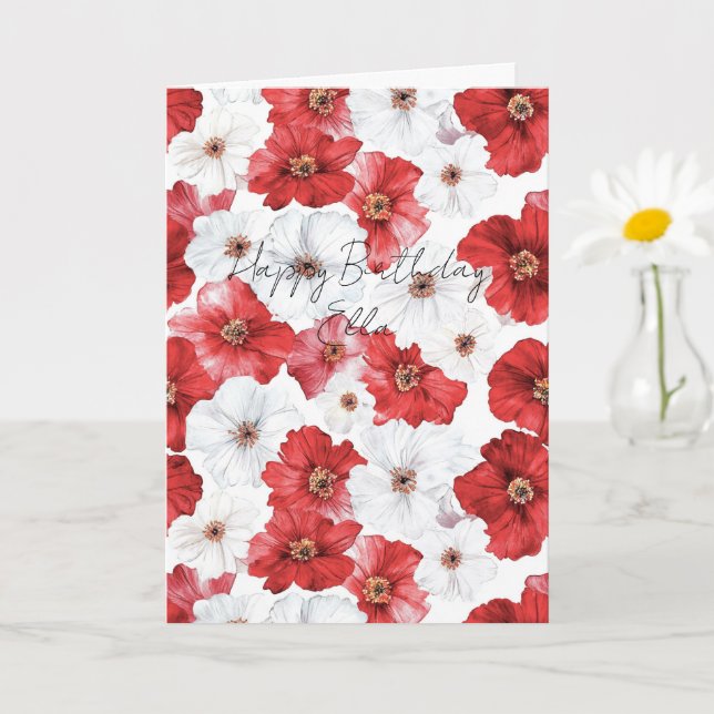 Carte Fleurs Rouges Blanches Anniversaire (Petite plante)