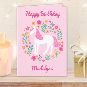 Carte Fleurs Unicorne Rose Cute Personnalisées Anniversa