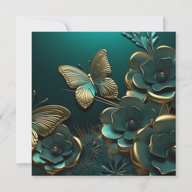 Carte Fleurs vertes 3D personnalisées et papillon Gold (Devant)
