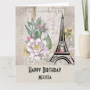 Carte Fleurs Vintage, Tour Eiffel et Anniversaire Burlap