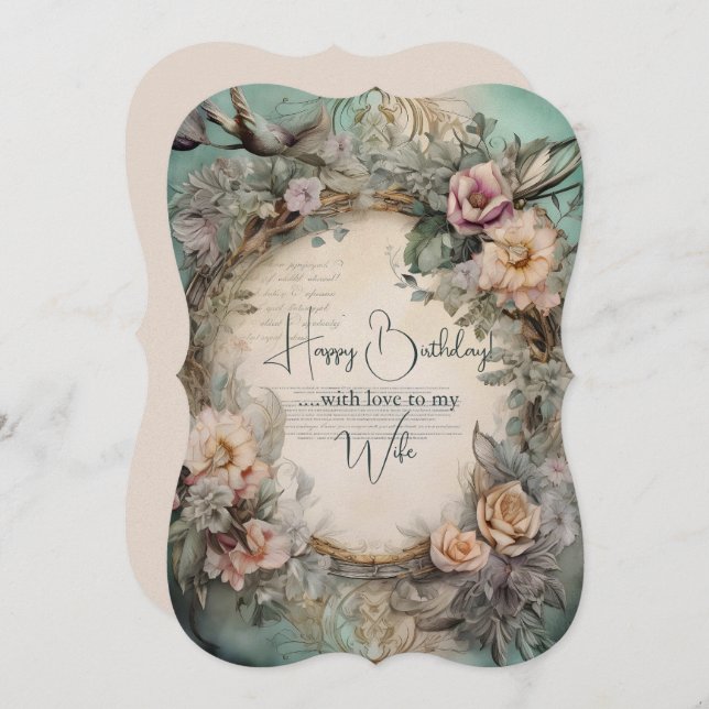 Carte Fleurs Vintages et oiseaux d'anniversaire (Devant / Derrière)