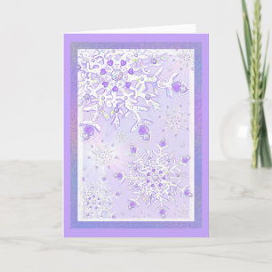 Carte flocon de neige violet clair et coeur étincelant