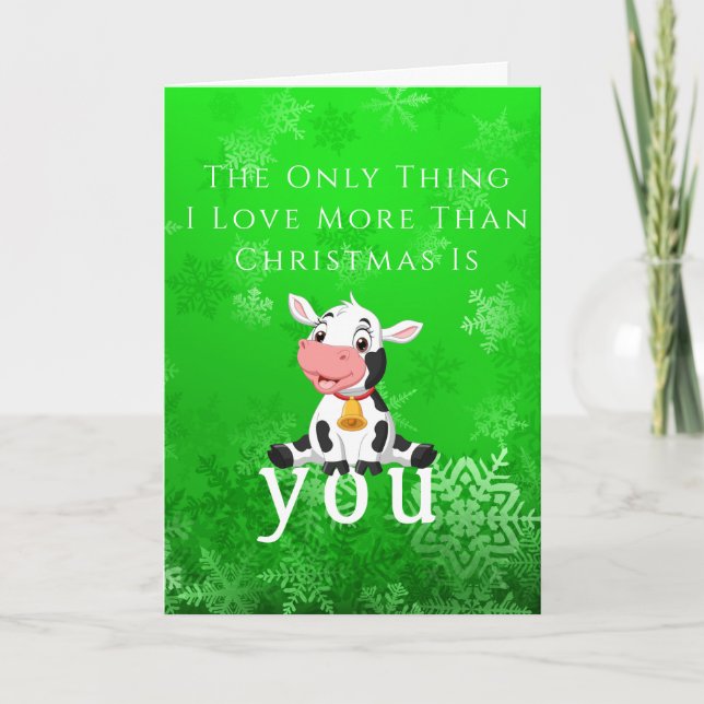 Carte Flocons de neige verts de Noël vache bébé heureuse (Devant)