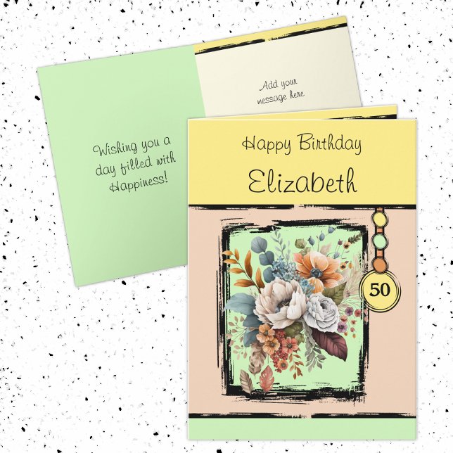 Carte Floral 50e anniversaire personnalisé nom jaune (Créateur téléchargé)