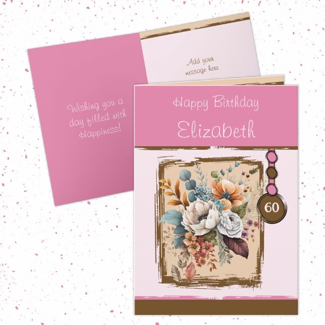 Carte Floral 60e anniversaire personnalisé nom brun (Créateur téléchargé)