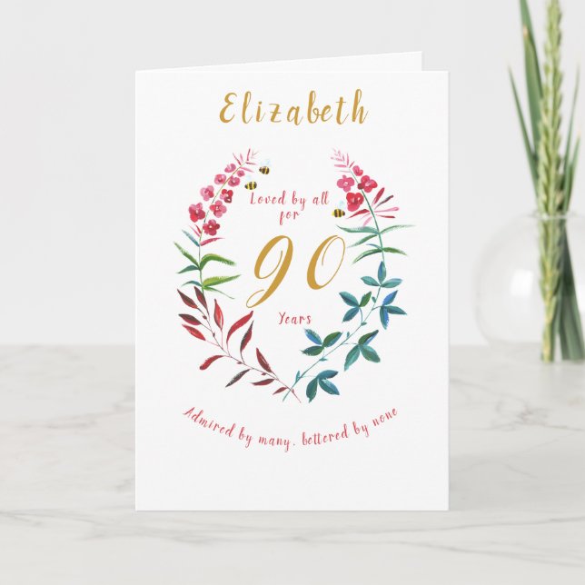 Carte Floral 90e Anniversaire Aquarelle Rouge Bleu fleur (Devant)