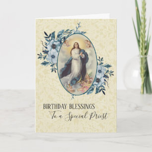 Carte Floral bleu   Anniversaire du prêtre   Vierge Mari