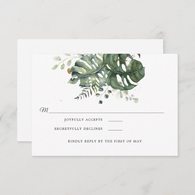 Carte Floral bleu et vert moderne | Mariage RSVP (Devant / Derrière)